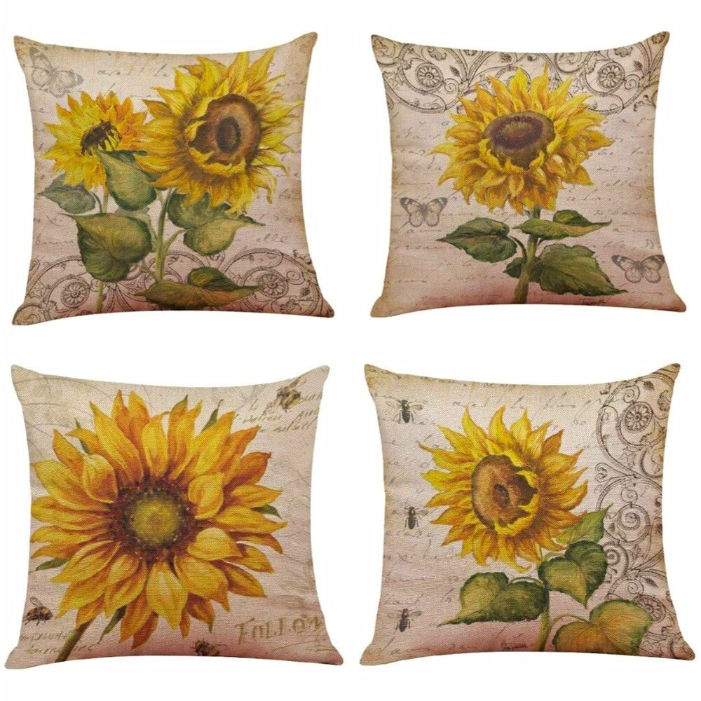 Set of 4 Vintage Sunflower Throw Pillow Covers 18x18 Cottagecore Farmhouse Decor
